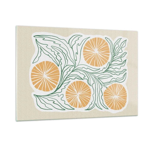 Impression sur verre - Image sur verre - Fruits orange et feuilles vertes dans une composition graphique - 120x80cm - Ethnique avec une pointe d'abstraction - Décoration murale moderne pour le salon et la chambre ARTTOR