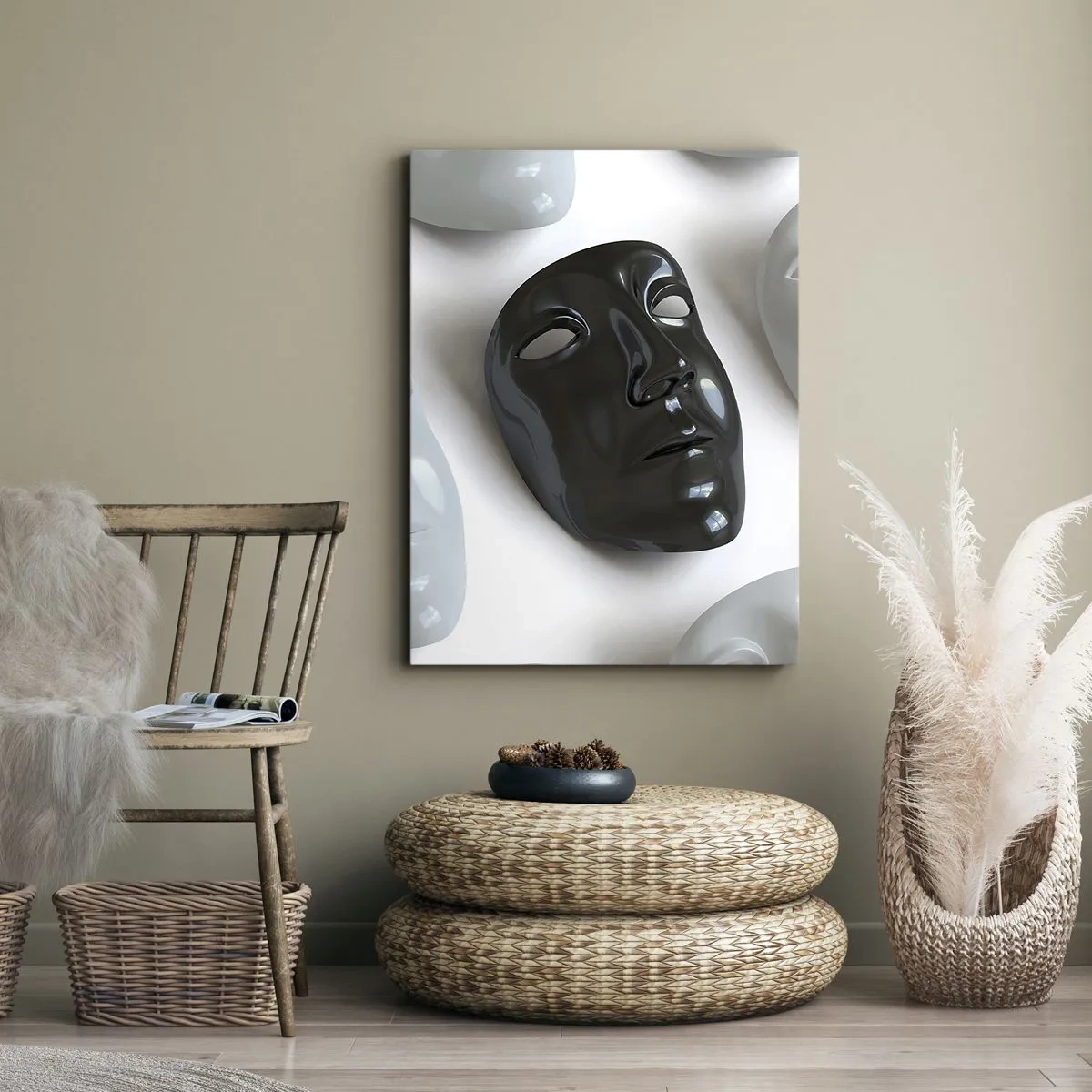 Impression sur toile - Image sur toile - Masques noirs et blancs sur fond clair - 50x70cm - Comment se démarquer ? - Décoration murale moderne pour le salon et la chambre ARTTOR