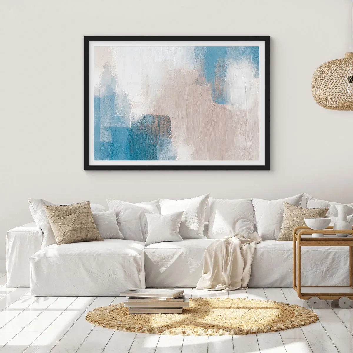 Affiche dans un cadre noir - Poster - Formes abstraites dans les tons de bleu et de beige - 70x50cm - Abstraction rose derrière un rideau de bleu - Décoration murale moderne pour le salon et la chambre ARTTOR