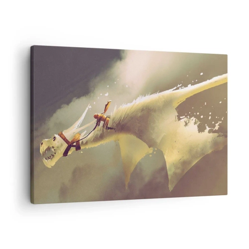 Impression sur toile - Image sur toile - Illustration d'un cavalier de dragon dans un paysage nuageux fantastique - 70x50cm - Le monde à la rescousse - Décoration murale moderne pour le salon et la chambre ARTTOR