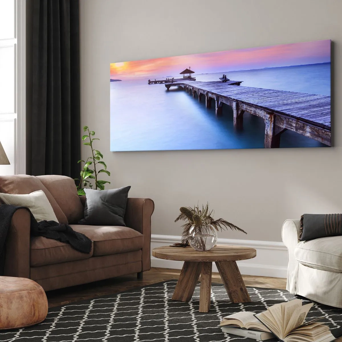 Impression sur toile - Image sur toile - Jetée en bois donnant sur l'eau au coucher du soleil - 140x50cm - Une mer de calme jusqu'à l'horizon - Décoration murale moderne pour le salon et la chambre ARTTOR