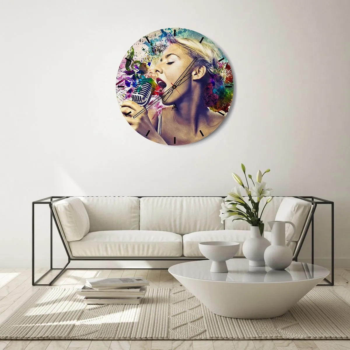 Horloge murale - Pendule murale - Un personnage coloré chantant dans un microphone avec un fond musical. - 30x30cm - Peindre le monde avec sa voix - Décoration murale moderne pour le salon, la cuisine et la chambre ARTTOR