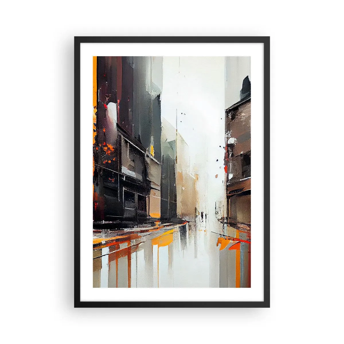 Affiche dans un cadre noir - Poster - Panorama urbain abstrait dans les tons de gris et d'orange - 50x70cm - Jour de pluie - Décoration murale moderne pour le salon et la chambre ARTTOR