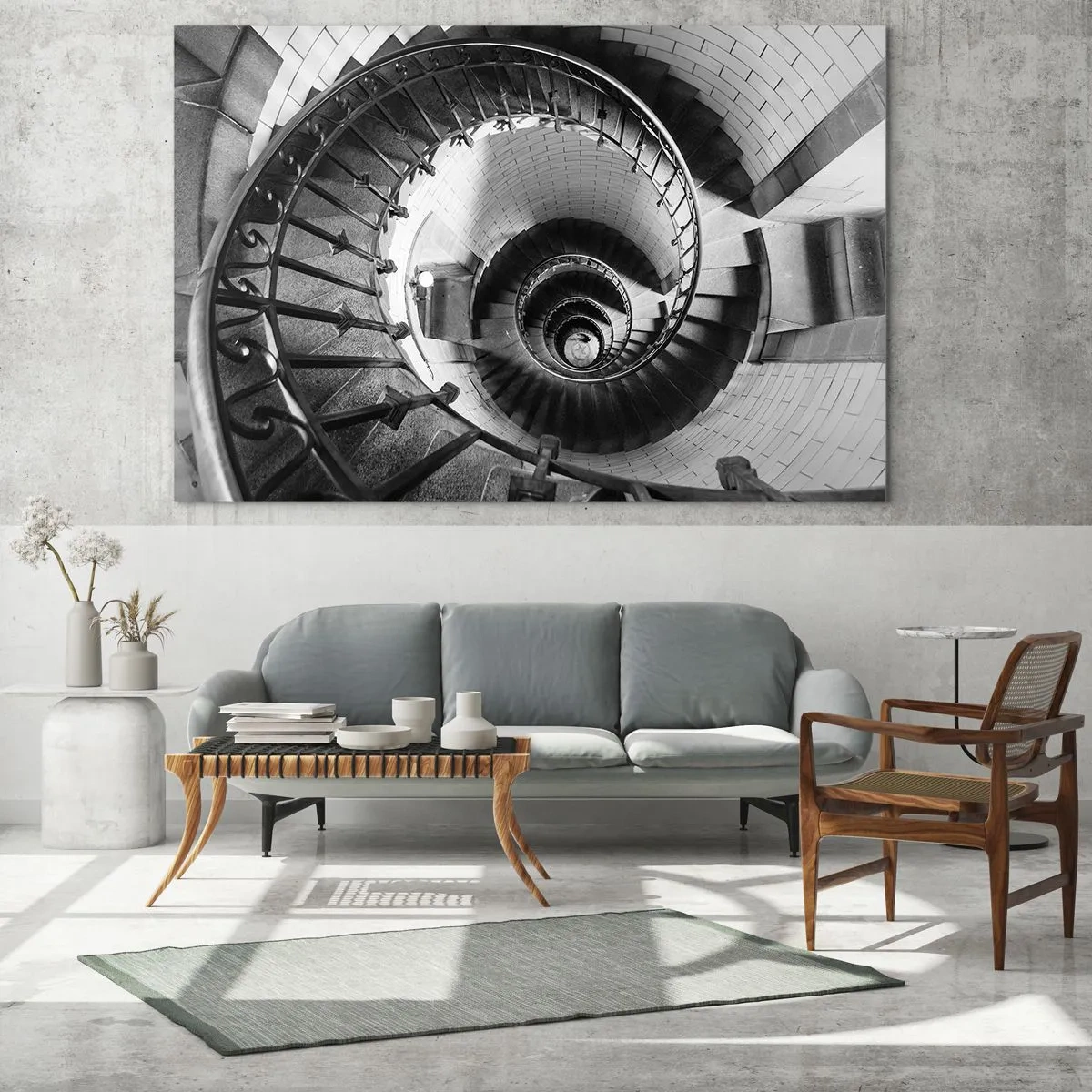 Impression sur verre - Image sur verre - Photographie en noir et blanc d'un escalier en colimaçon avec une perspective de haut en bas - 140x50cm - De plus en plus haut - Décoration murale moderne pour le salon et la chambre ARTTOR