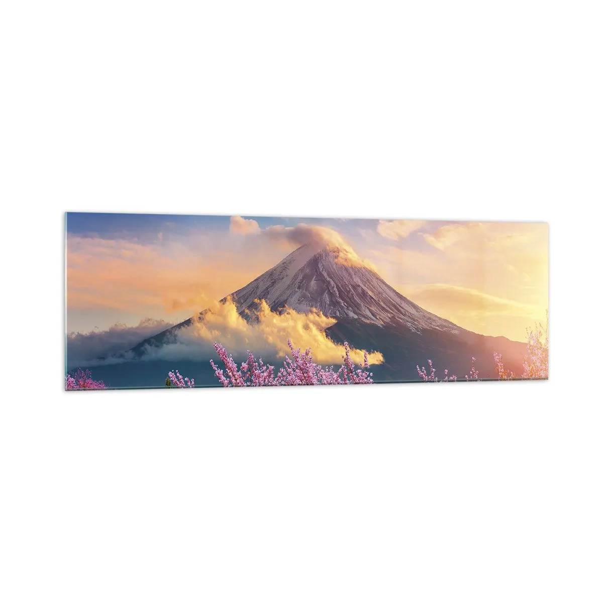 Impression sur verre - Image sur verre - Mont Fuji avec des cerisiers en fleurs en arrière-plan au coucher du soleil - 160x50cm - Sainteté japonaise - Décoration murale moderne pour le salon et la chambre ARTTOR
