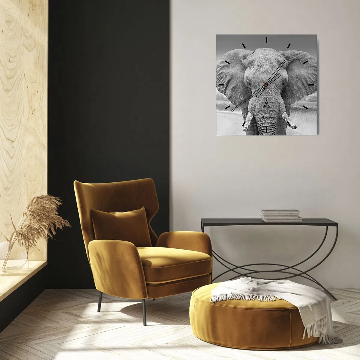 Horloge murale - Pendule murale - Portrait d'un éléphant en noir et blanc - 30x30cm - Bienvenue dans mon monde - Décoration murale moderne pour le salon et la chambre ARTTOR