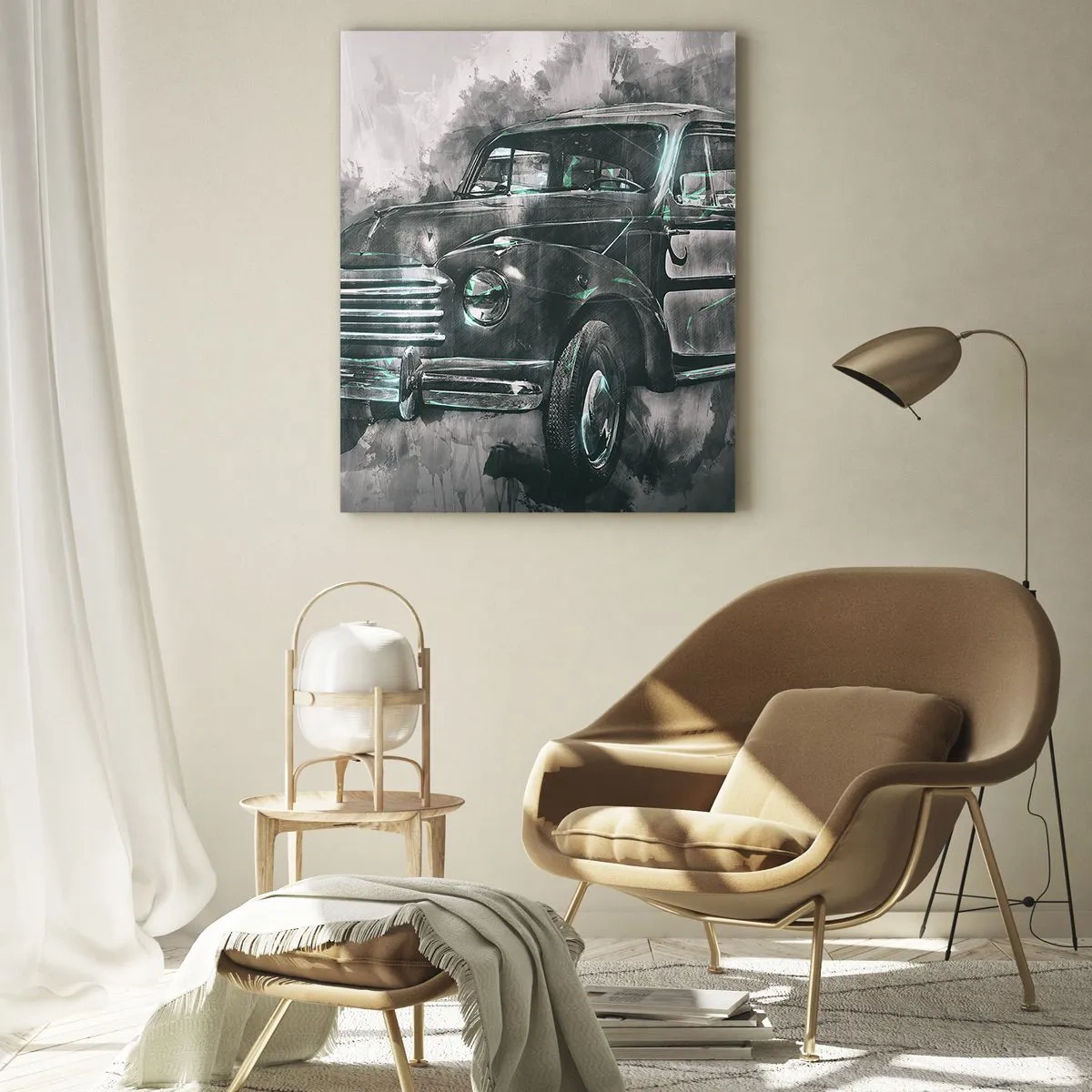 Impression sur verre - Image sur verre - Une vieille voiture aux tons gris et turquoise - 50x70cm - Ancêtre respecté - Décoration murale moderne pour le salon et la chambre ARTTOR
