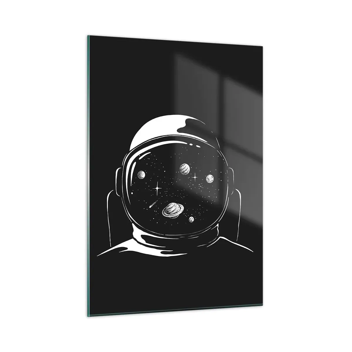 Impression sur verre - Image sur verre - Astronaute avec des étoiles et des planètes dans son casque sur fond noir - 50x70cm - Sympa la vue - Décoration murale moderne pour le salon et la chambre ARTTOR