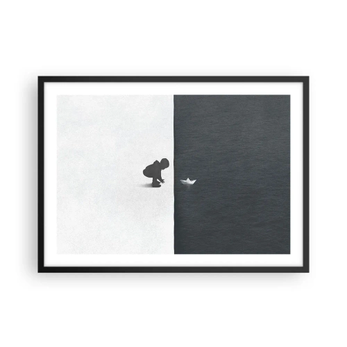 Affiche dans un cadre noir - Poster - Une figure d'enfant avec un bateau en papier sur un fond de moitiés contrastées - 70x50cm - Grande expédition - Décoration murale moderne pour le salon et la chambre ARTTOR