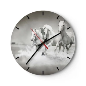 Horloge murale - Pendule murale - Trois chevaux blancs galopant dans l'eau dans un décor dynamique - 30x30cm - La folie blanche - Décoration murale moderne pour le salon, la cuisine et la chambre ARTTOR