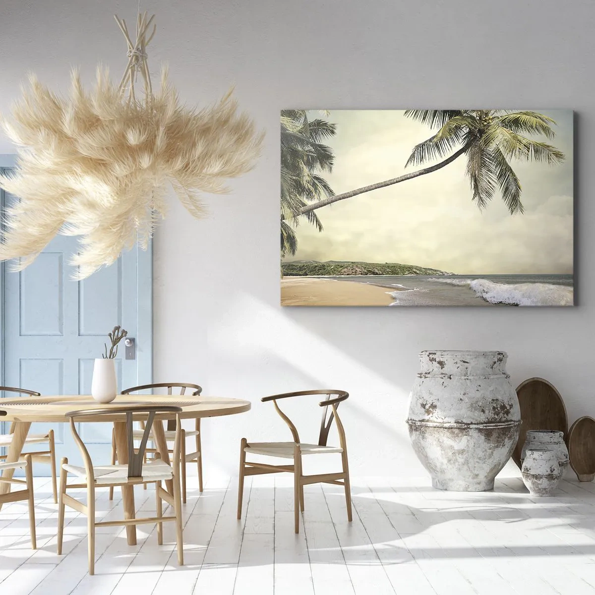 Impression sur toile - Image sur toile - Une plage avec des palmiers sur fond de mer calme - 120x80cm - Rêve tropical - Décoration murale moderne pour le salon et la chambre ARTTOR