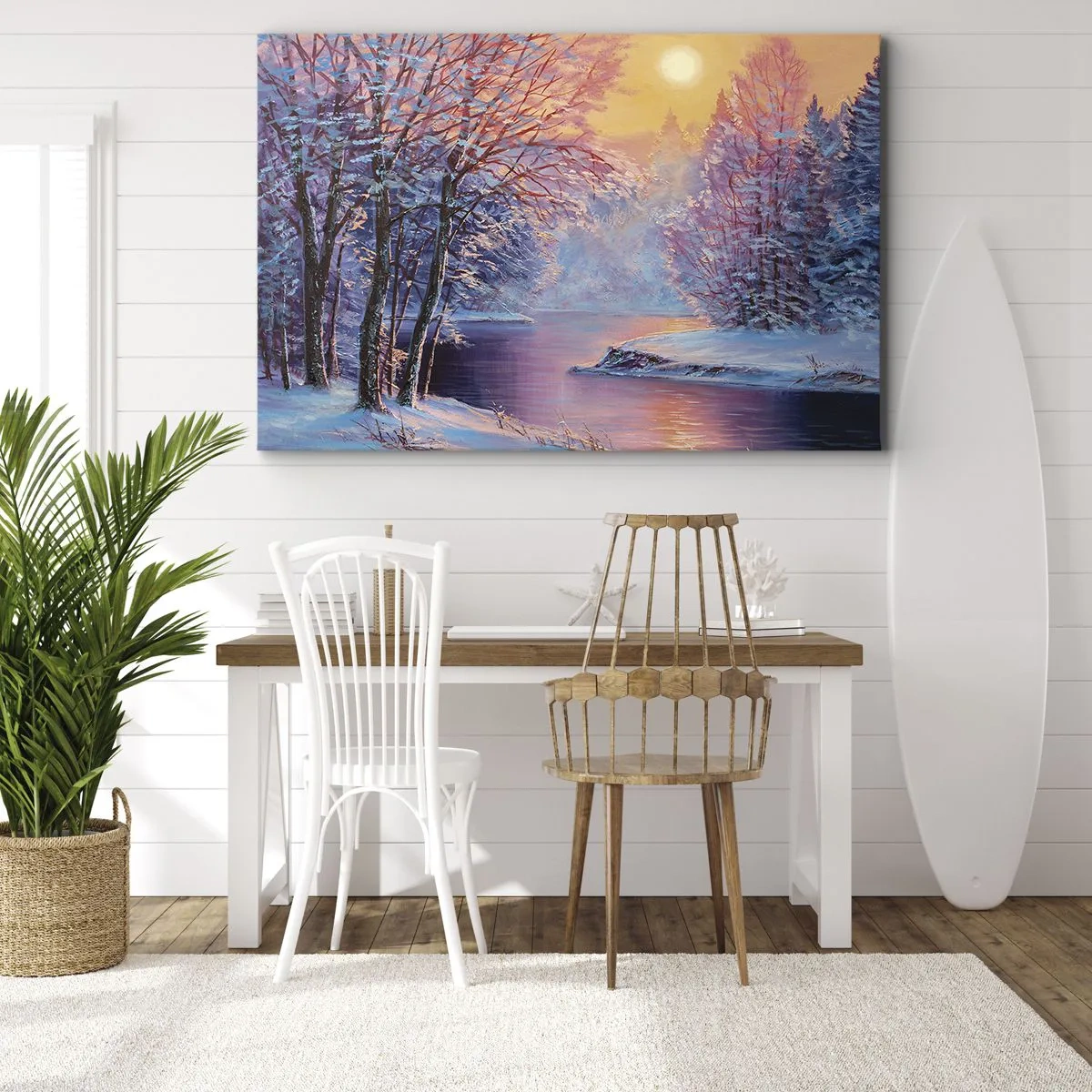Impression sur toile - Image sur toile - Paysage d'hiver avec rivière et arbres au lever du soleil - 120x80cm - Couleurs d'hiver - Décoration murale moderne pour le salon et la chambre ARTTOR