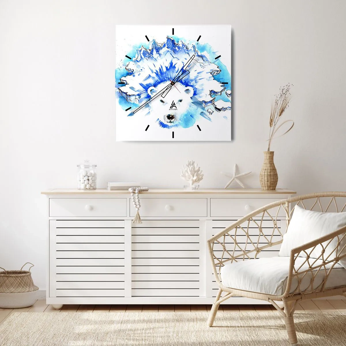 Horloge murale - Pendule murale - Aquarelle artistique représentant un ours polaire avec un motif glacé - 30x30cm - Le roi de l'Arctique dans une couronne de glace - Décoration murale moderne pour le salon et la chambre ARTTOR