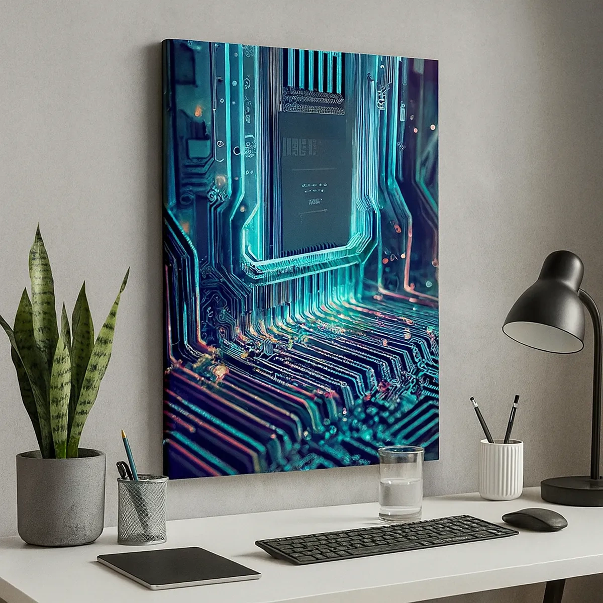 Impression sur toile - Image sur toile - Circuit imprimé technologique avec pistes lumineuses - 50x70cm - Je pense comme ça… - Décoration murale moderne pour le salon et la chambre ARTTOR