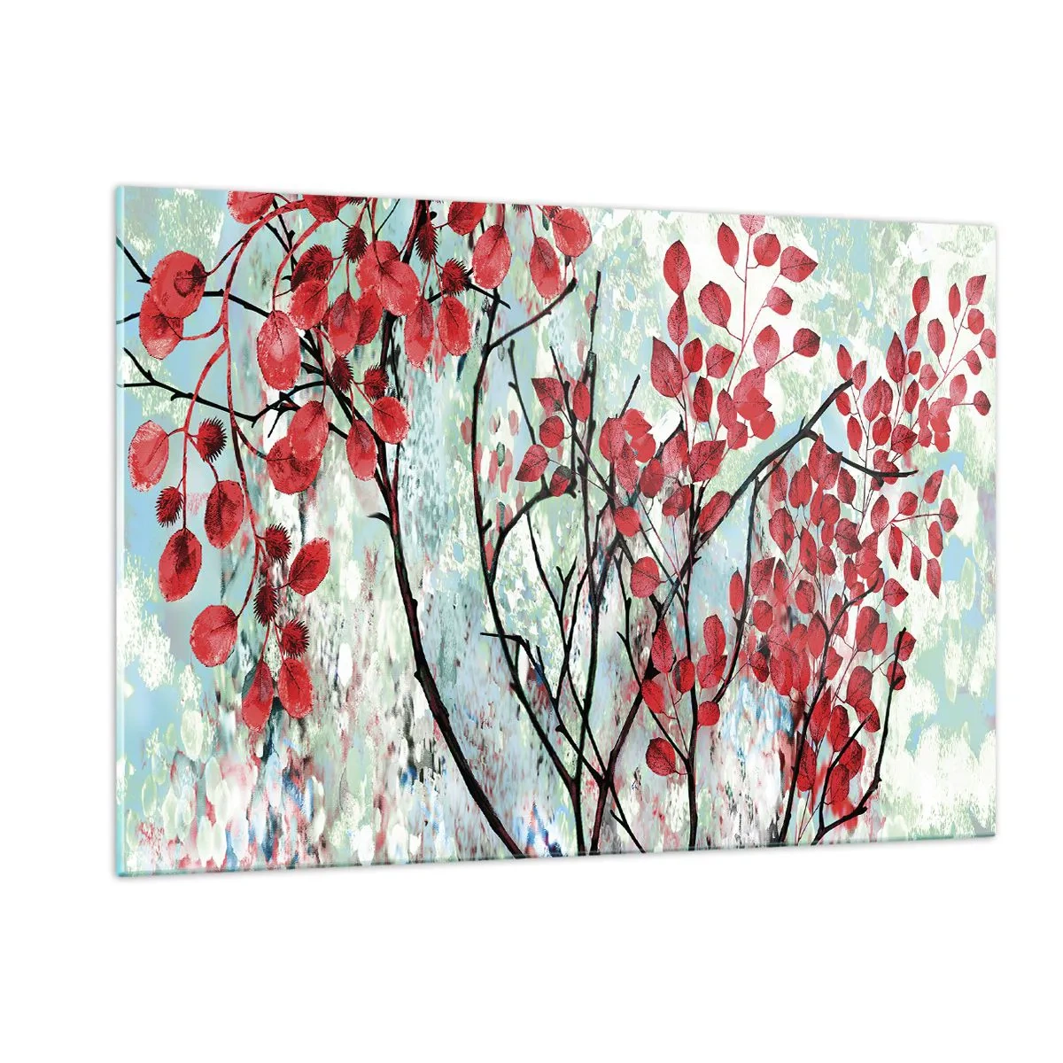 Impression sur verre - Image sur verre - Branches avec des feuilles rouges sur un fond peint - 120x80cm - Arbre en écarlate - Décoration murale moderne pour le salon et la chambre ARTTOR