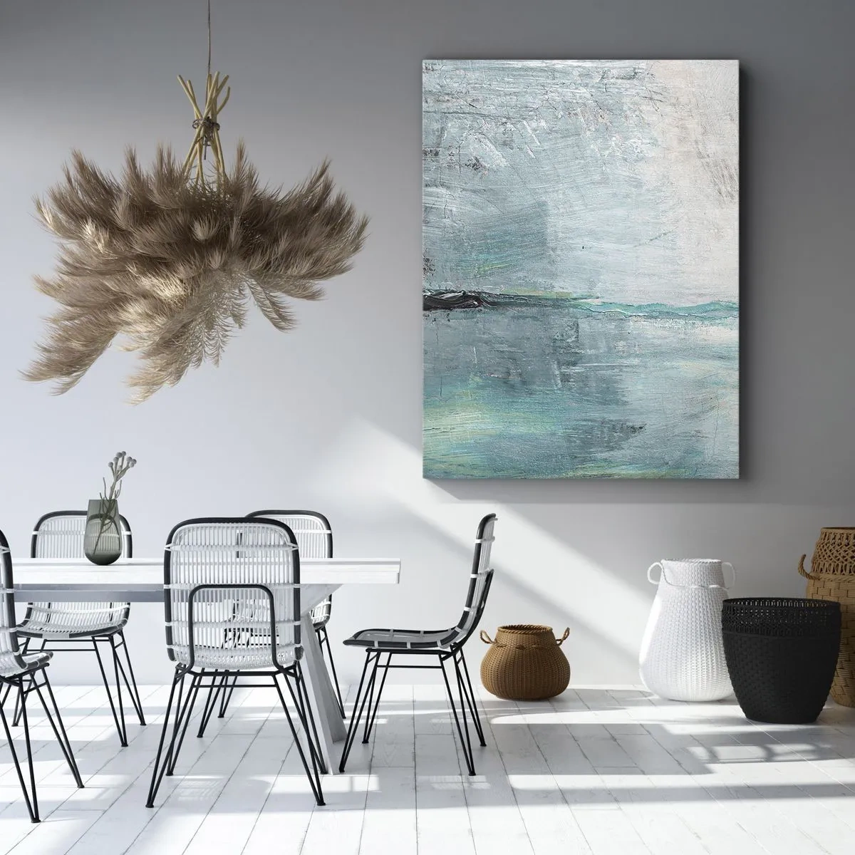Impression sur toile - Image sur toile - Abstraction dans les tons turquoise et gris - 70x100cm - Horizontalement en bleu - Décoration murale moderne pour le salon et la chambre ARTTOR