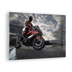 Impression sur verre - Image sur verre - Un motocycliste sur une piste de course sous un ciel orageux - 70x50cm - Cavalier noir - Décoration murale moderne pour le salon et la chambre ARTTOR