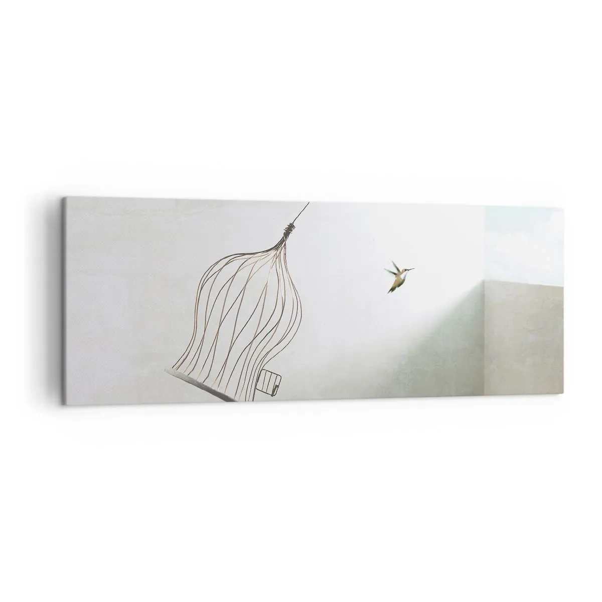 Impression sur toile - Image sur toile - Un oiseau libéré d'une cage sur fond de ciel lumineux - 140x50cm - Dans son élément - Décoration murale moderne pour le salon et la chambre ARTTOR