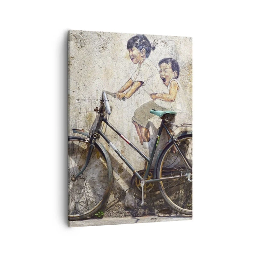 Impression sur toile - Image sur toile - Street art avec un vélo et des dessins d'enfants sur le mur - 50x70cm - Vrai ou faux? - Décoration murale moderne pour le salon et la chambre ARTTOR