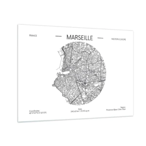 Impression sur verre - Image sur verre - Carte en noir et blanc de la ville de Marseille dans un style moderne - 70x50cm - Anatomie de Marseille - Décoration murale moderne pour le salon et la chambre ARTTOR