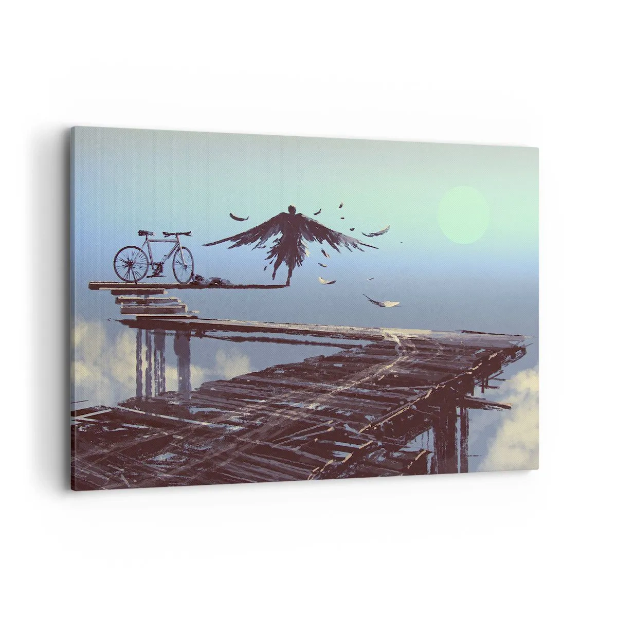 Impression sur toile - Image sur toile - Une silhouette avec des plumes plane au-dessus d'un pont en bois à côté d'un vélo. - 100x70cm - Icare est toujours vivant - Décoration murale moderne pour le salon et la chambre ARTTOR