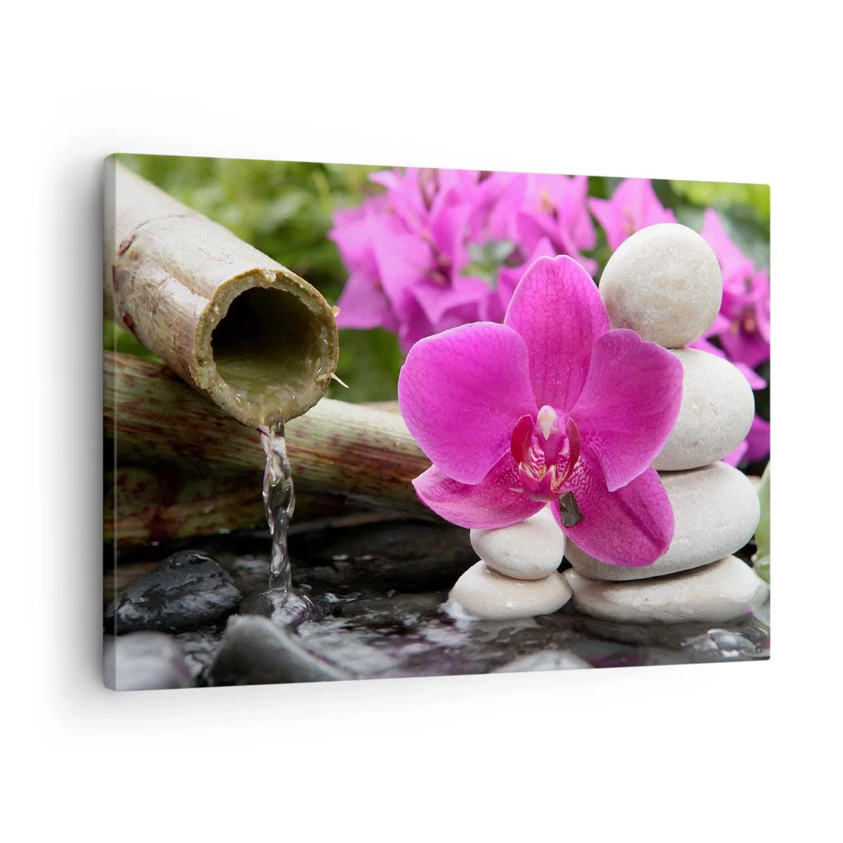Impression sur toile - Image sur toile - Orchidée violette, pierres et bambou avec de l'eau dans un cadre relaxant - 70x50cm - Tu te reposes déjà - Décoration murale moderne pour le salon et la chambre ARTTOR