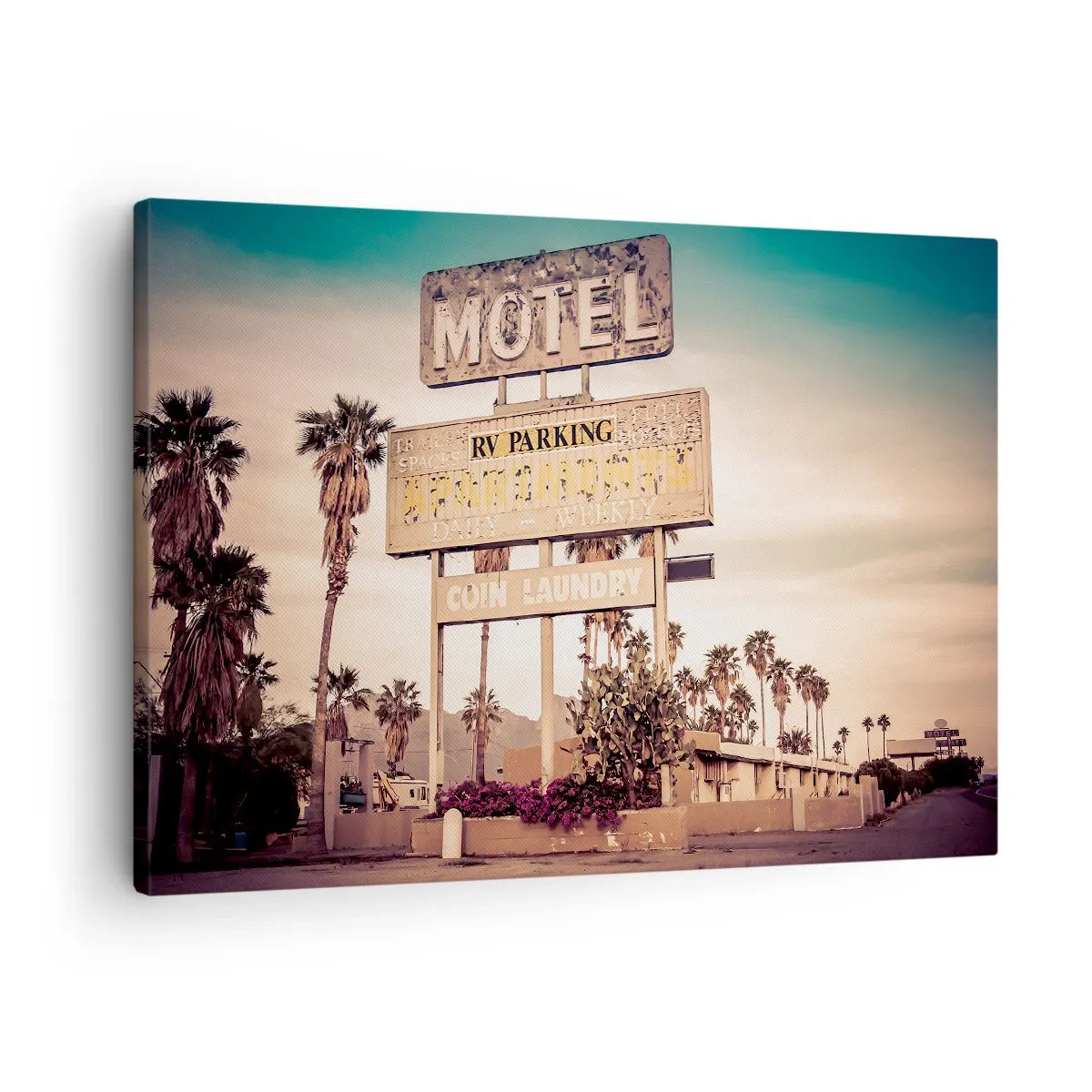 Impression sur toile - Image sur toile - Panneau de motel rétro entouré de palmiers - 70x50cm - Ici, le temps s'est arrêté - Décoration murale moderne pour le salon et la chambre ARTTOR
