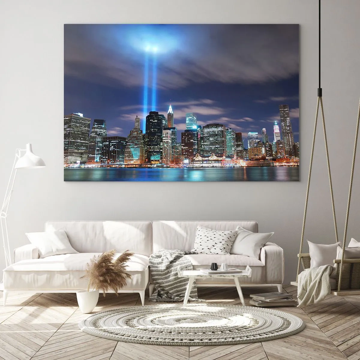 Impression sur verre - Image sur verre - Panorama nocturne de la ville avec des projecteurs - 120x80cm - Atteindre le ciel avec la lumière - Décoration murale moderne pour le salon et la chambre ARTTOR