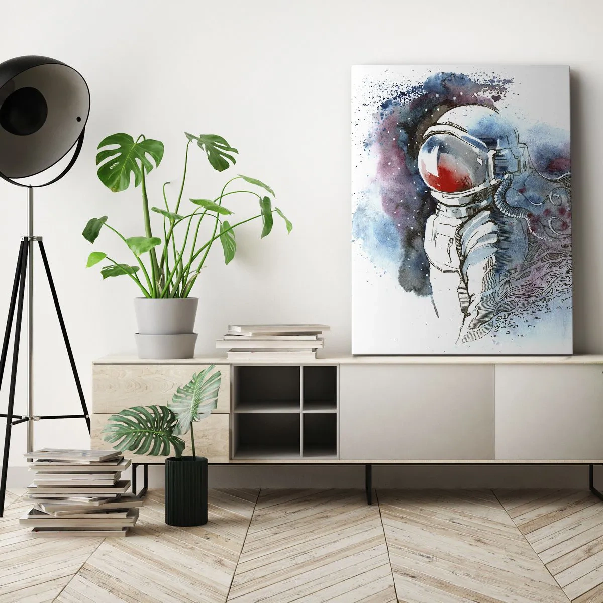 Impression sur toile - Image sur toile - Un cosmonaute dans une aquarelle dynamique avec des détails cosmiques - 80x120cm - Seul avec l'espace - Décoration murale moderne pour le salon et la chambre ARTTOR