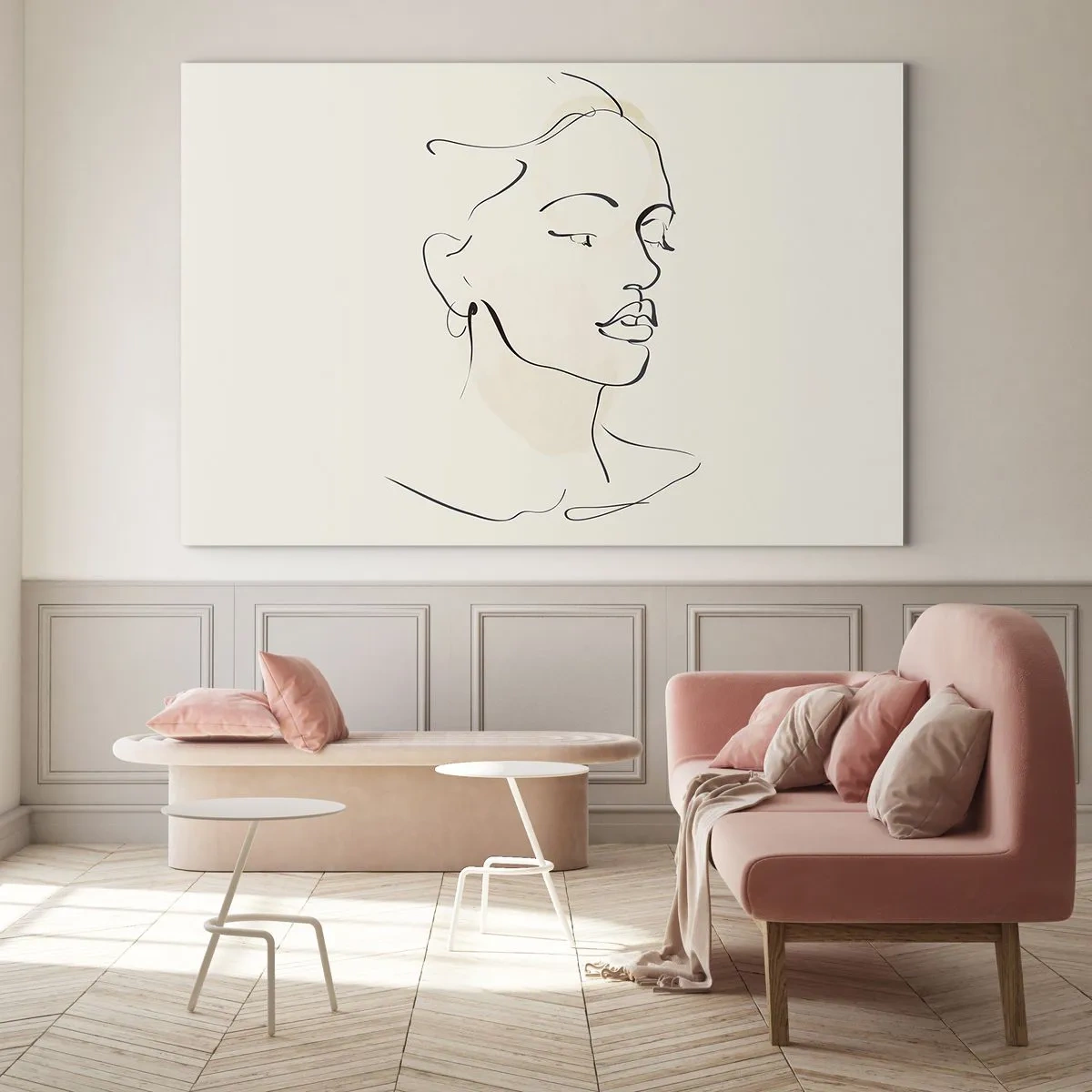 Impression sur verre - Image sur verre - Un portrait linéaire féminin sur un fond clair avec des ombres délicates. - 120x80cm - Une ligne certaine - Décoration murale moderne pour le salon et la chambre ARTTOR
