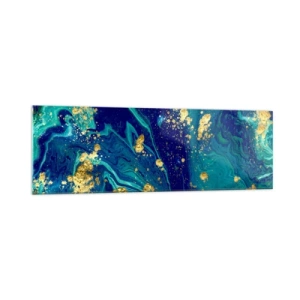 Impression sur verre - Image sur verre - Une composition abstraite avec des accents bleus, verts et dorés. - 160x50cm - Les pétales du soleil - Décoration murale moderne pour le salon et la chambre ARTTOR