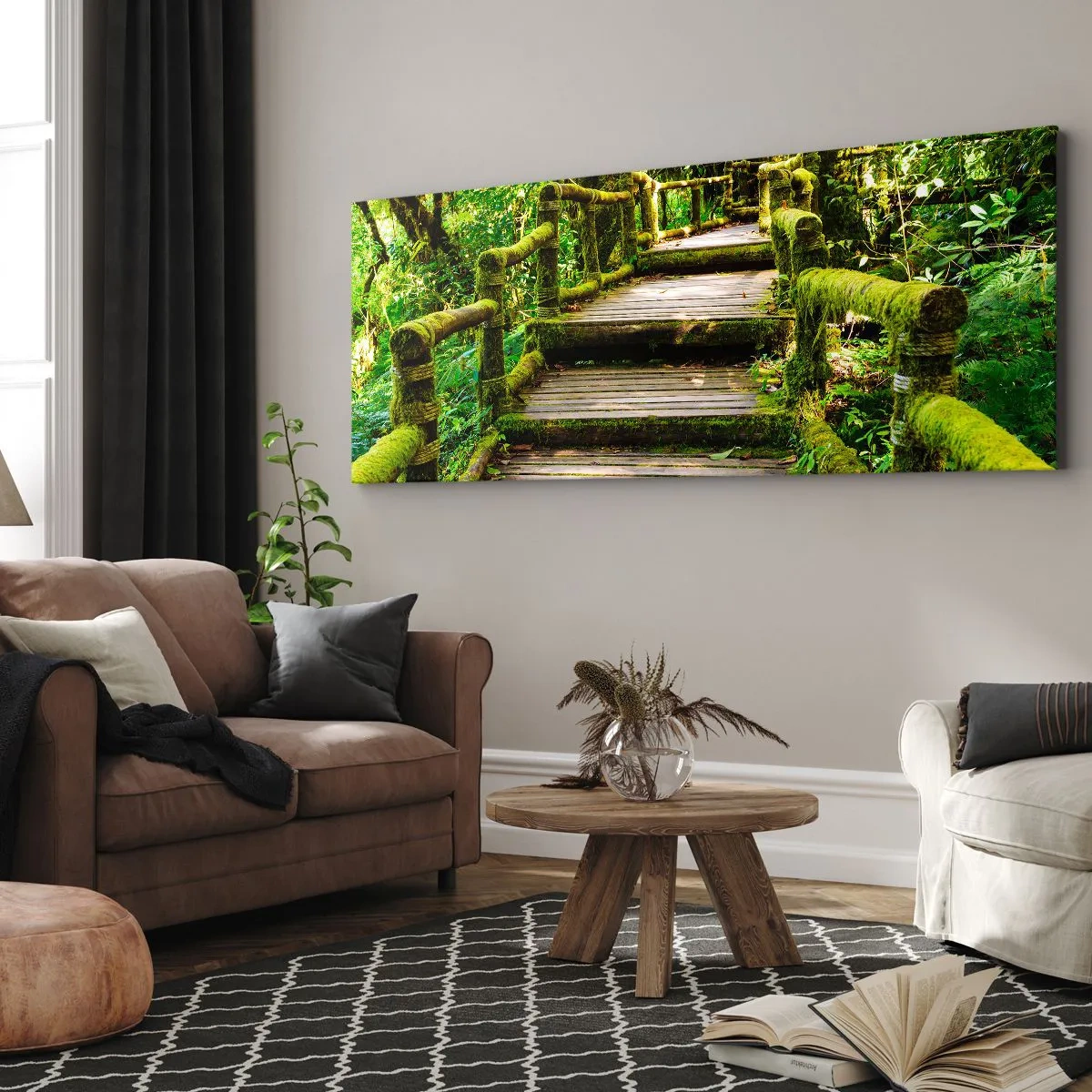 Impression sur toile - Image sur toile - Un pont en bois recouvert de mousse dans une forêt tropicale - 160x50cm - Un couloir de verdure - Décoration murale moderne pour le salon et la chambre ARTTOR
