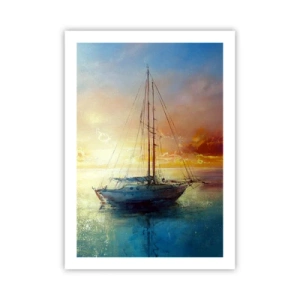 Affiche - Poster - Un yacht sur une mer calme au coucher du soleil - 50x70cm - Dans une baie dorée - Décoration murale moderne pour le salon et la chambre ARTTOR
