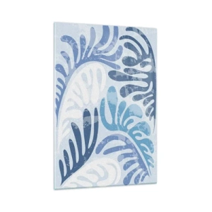 Impression sur verre - Image sur verre - Formes abstraites dans des tons de bleu sur fond blanc - 70x100cm - Fougères bleues - Décoration murale moderne pour le salon et la chambre ARTTOR