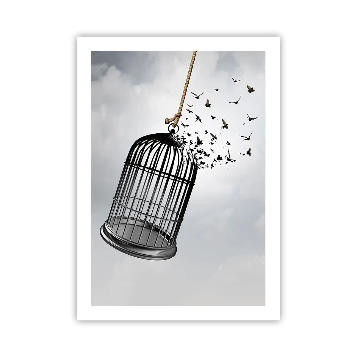 Affiche - Poster - Oiseaux s'envolant d'une cage ouverte sur fond de nuages - 50x70cm - Foie...Espoir...Liberté! - Décoration murale moderne pour le salon et la chambre ARTTOR