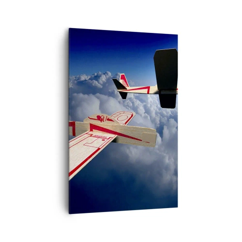 Impression sur toile - Image sur toile - Deux avions en bois planant au-dessus des nuages contre un ciel bleu. - 80x120cm - Encore plus haut, encore plus loin - Décoration murale moderne pour le salon et la chambre ARTTOR