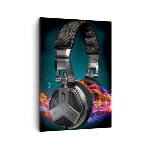 Impression sur toile - Image sur toile - Casque noir avec effet de visualisation musicale colorée - 50x70cm - Dans le feu de la musique - Décoration murale moderne pour le salon et la chambre ARTTOR