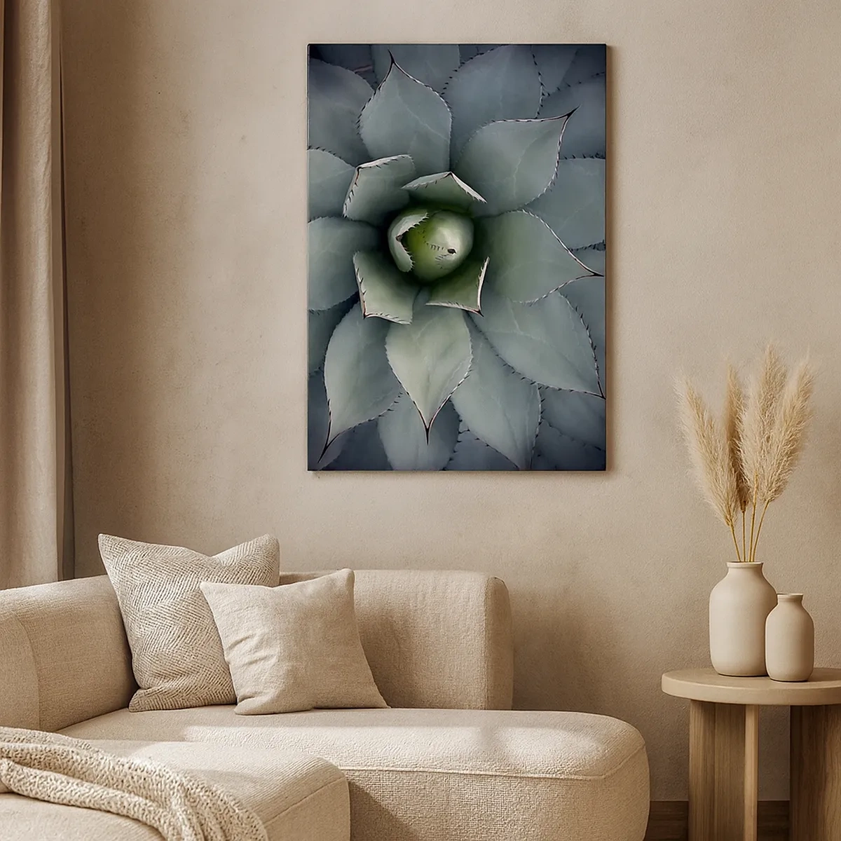 Impression sur toile - Image sur toile - Gros plan d'une rosette d'agave aux délicates nuances de vert - 50x70cm - Wabi et observe - Décoration murale moderne pour le salon et la chambre ARTTOR