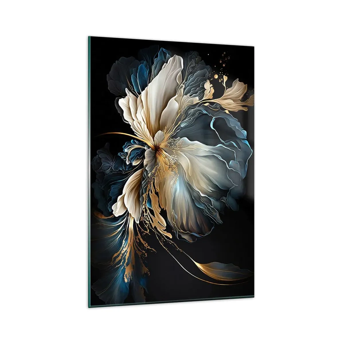 Impression sur verre - Image sur verre - Une fleur dans les tons or et bleu marine sur fond noir - 80x120cm - Fleur de fougère de conte de fées - Décoration murale moderne pour le salon et la chambre ARTTOR