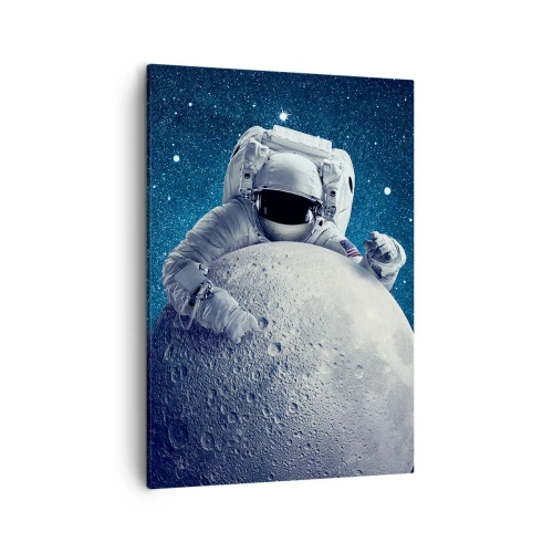 Impression sur toile - Image sur toile - Astronaute tenant la lune dans un ciel étoilé - 50x70cm - Comique de l'espace - Décoration murale moderne pour le salon et la chambre ARTTOR