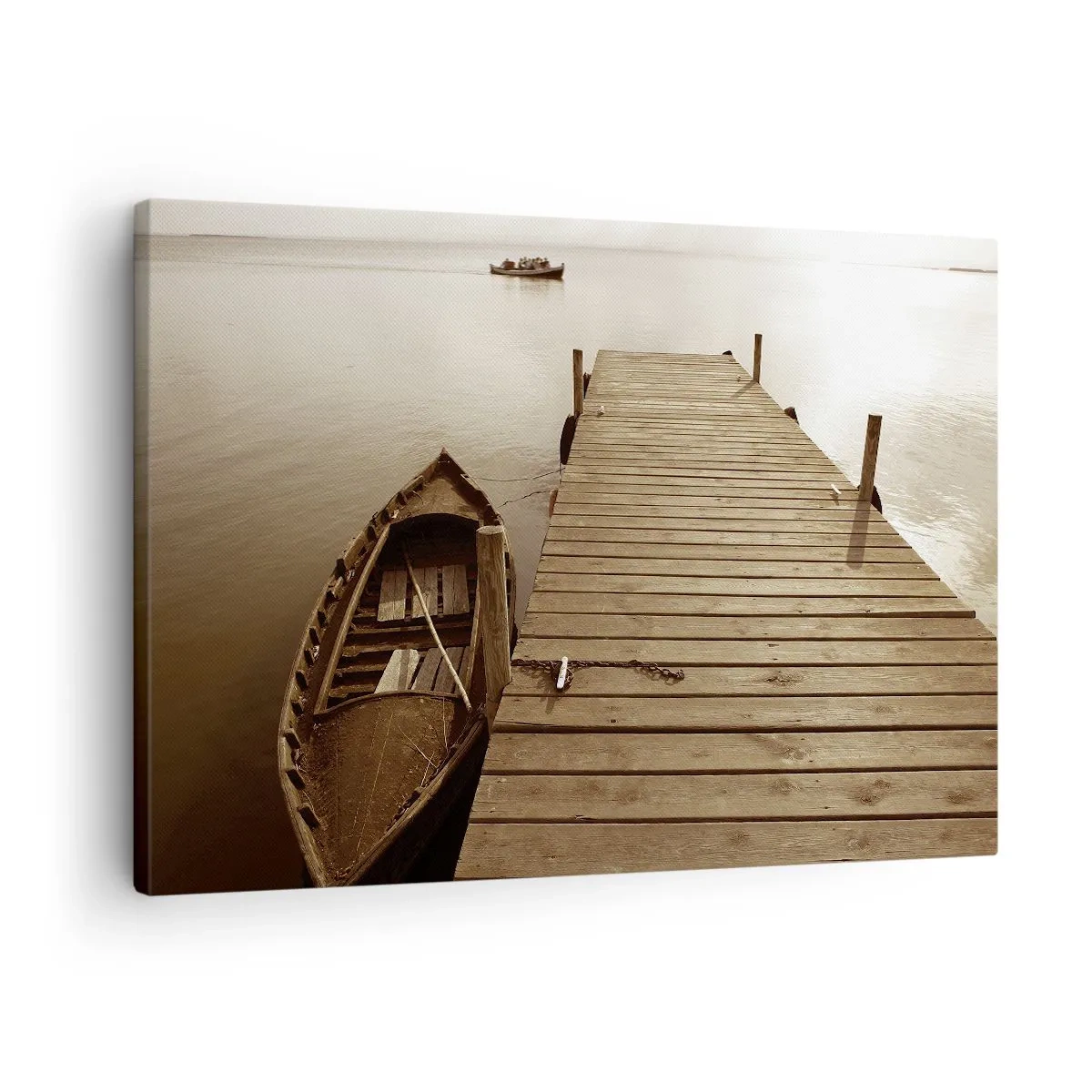 Impression sur toile - Image sur toile - Jetée en bois et bateau sur un lac calme - 70x50cm - Le grand silence - Décoration murale moderne pour le salon et la chambre ARTTOR