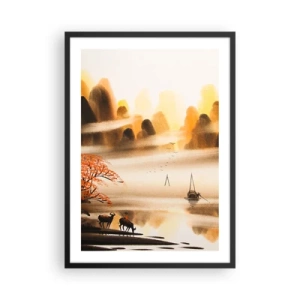 Affiche dans un cadre noir - Poster - Paysage de montagne oriental dans le brouillard avec un bateau et des animaux - 50x70cm - Plus loin que l'Extrême-Orient - Décoration murale moderne pour le salon et la chambre ARTTOR