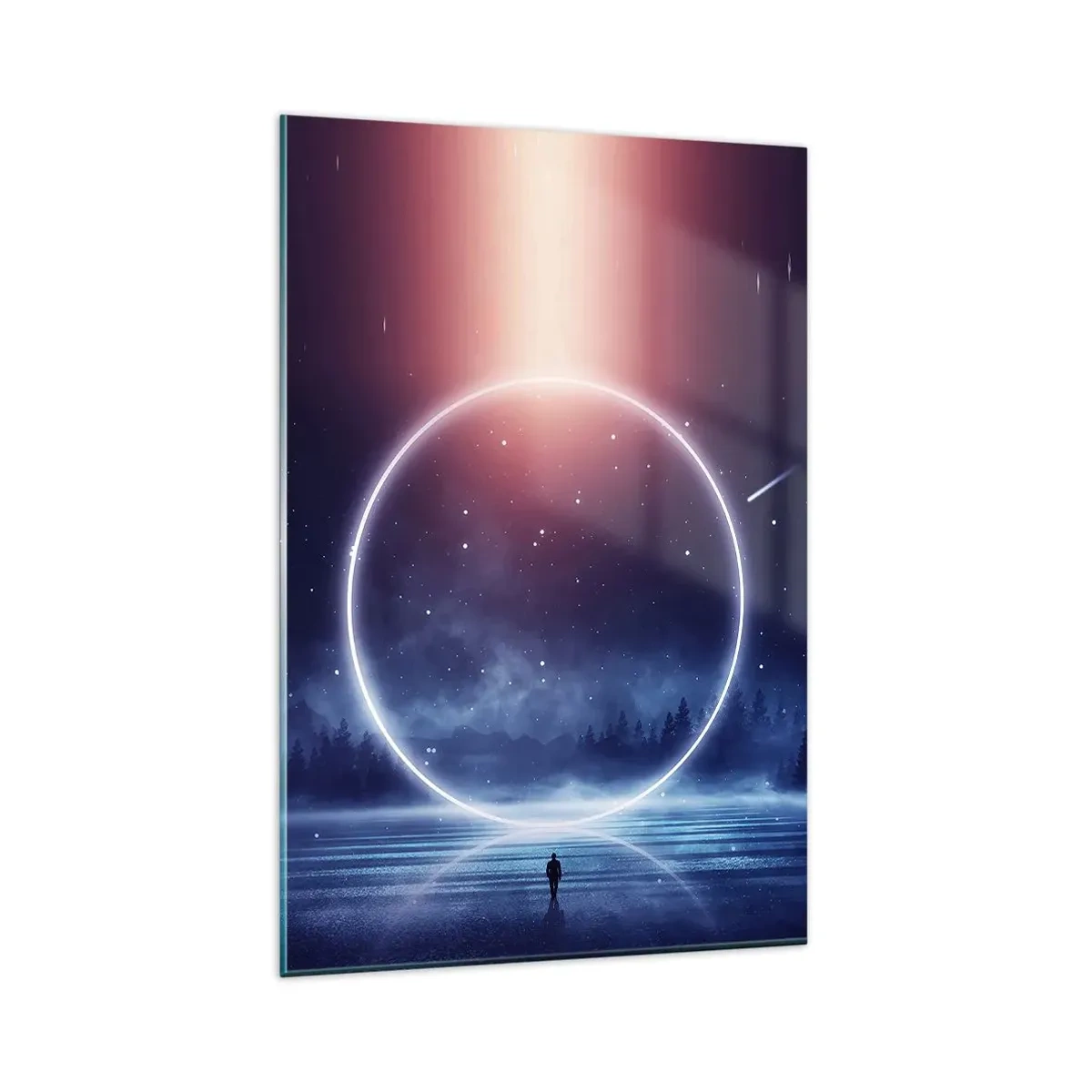 Impression sur verre - Image sur verre - Un paysage magique avec une silhouette et un cercle de lumière la nuit - 80x120cm - Ils sont déjà là... - Décoration murale moderne pour le salon et la chambre ARTTOR