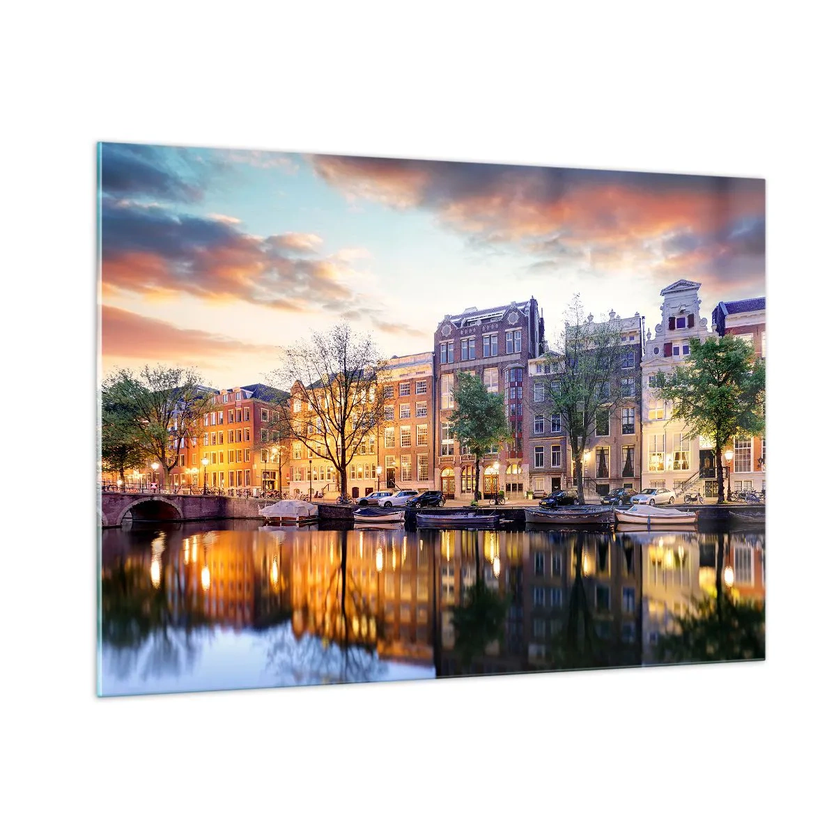 Impression sur verre - Image sur verre - Canal d'Amsterdam au coucher du soleil avec reflet dans l'eau - 100x70cm - Beauté hollandaise sobre et sereine - Décoration murale moderne pour le salon et la chambre ARTTOR