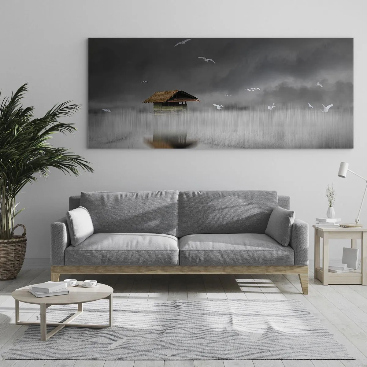 Impression sur verre - Image sur verre - Un chalet solitaire sur l'eau entouré de brouillard et d'oiseaux - 140x50cm - A l'abri de la pluie - Décoration murale moderne pour le salon et la chambre ARTTOR