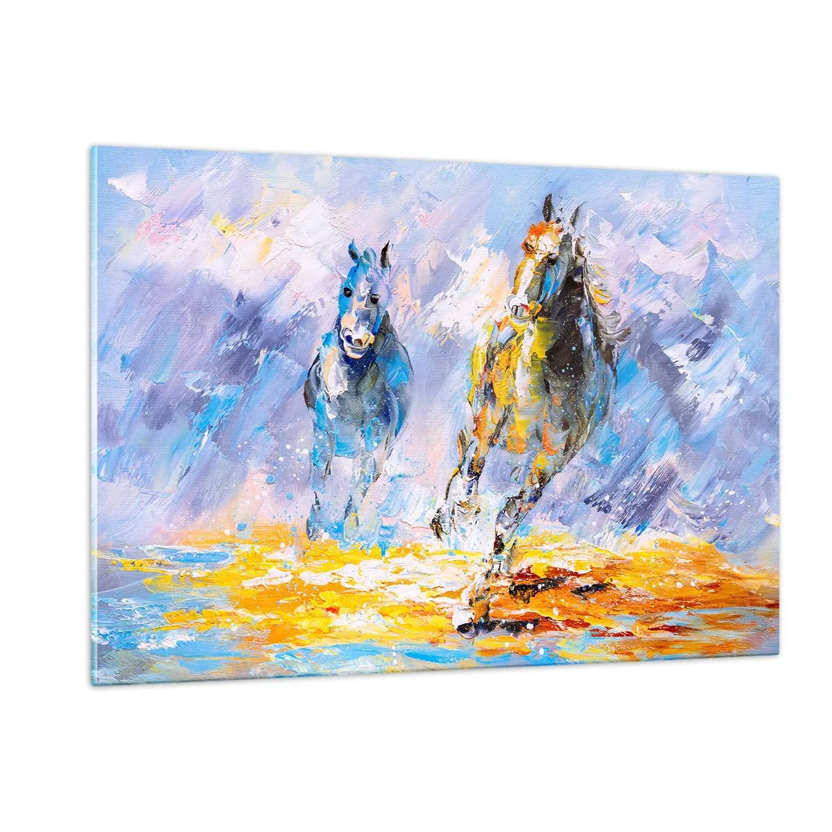 Impression sur verre - Image sur verre - Deux chevaux galopant dans l'eau dans un style artistique - 120x80cm - À travers l'éblouissement du galop - Décoration murale moderne pour le salon et la chambre ARTTOR
