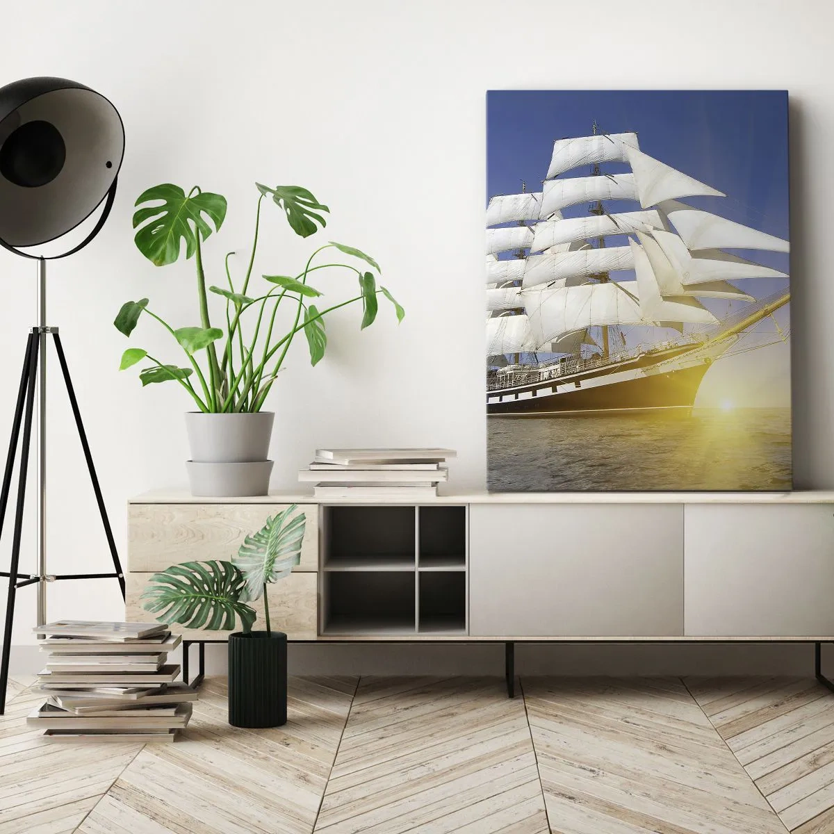 Impression sur toile - Image sur toile - Un voilier en mer à la lumière du soleil couchant - 50x70cm - Leur temps ne passera jamais - Décoration murale moderne pour le salon et la chambre ARTTOR