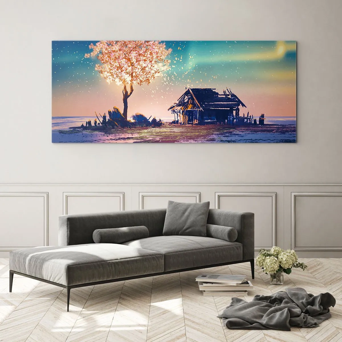 Impression sur verre - Image sur verre - Une maison et un arbre en fleurs sous le ciel nocturne - 160x50cm - La nature ne passe pas - Décoration murale moderne pour le salon et la chambre ARTTOR