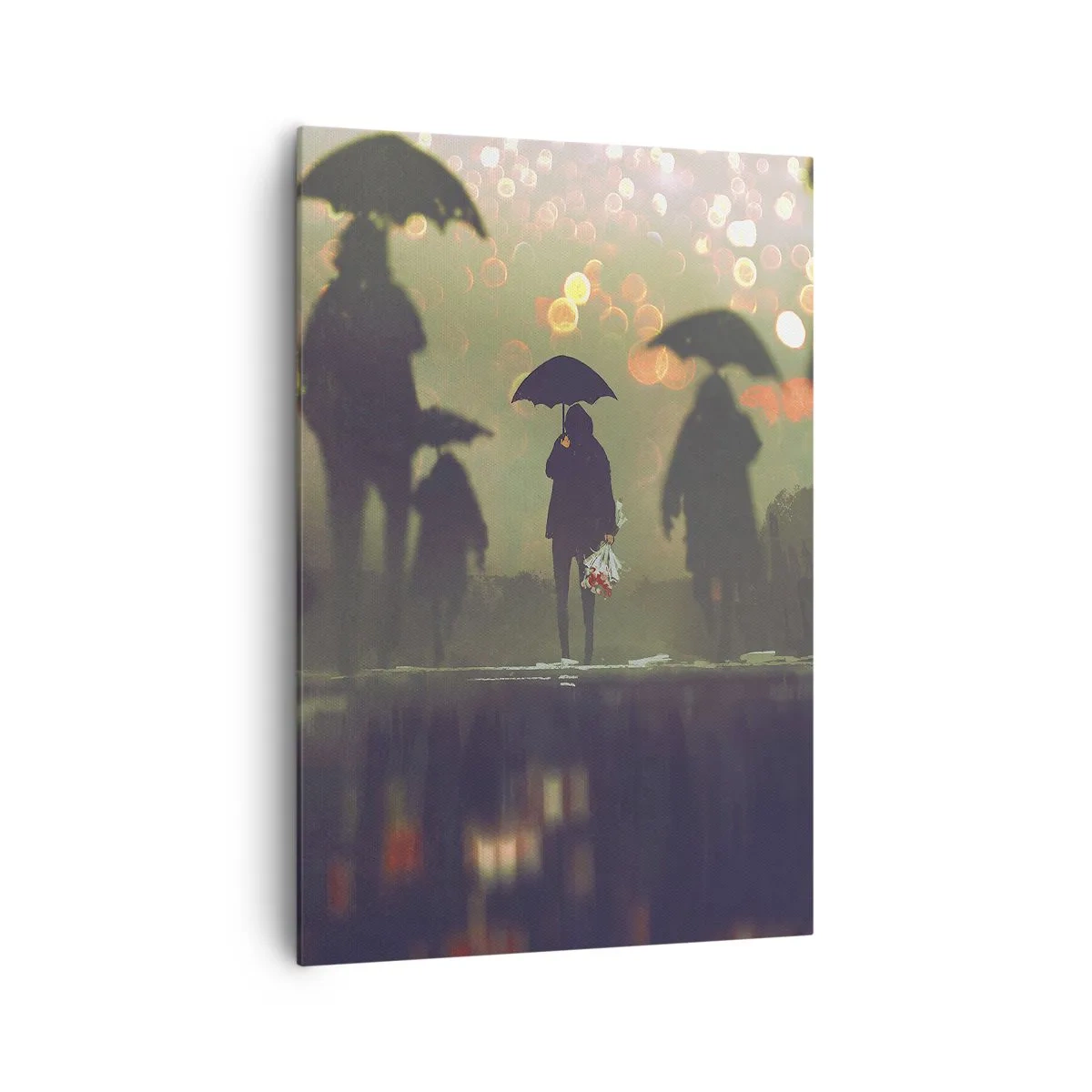 Impression sur toile - Image sur toile - Une silhouette avec un parapluie un soir pluvieux parmi les lumières de la ville - 70x100cm - Du point de vue d'une goutte de pluie - Décoration murale moderne pour le salon et la chambre ARTTOR