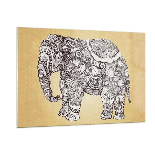 Impression sur verre - Image sur verre - Éléphant noir et blanc avec des motifs orientaux sur fond beige - 120x80cm - L'éléphant s'est apprêté - Décoration murale moderne pour le salon et la chambre ARTTOR